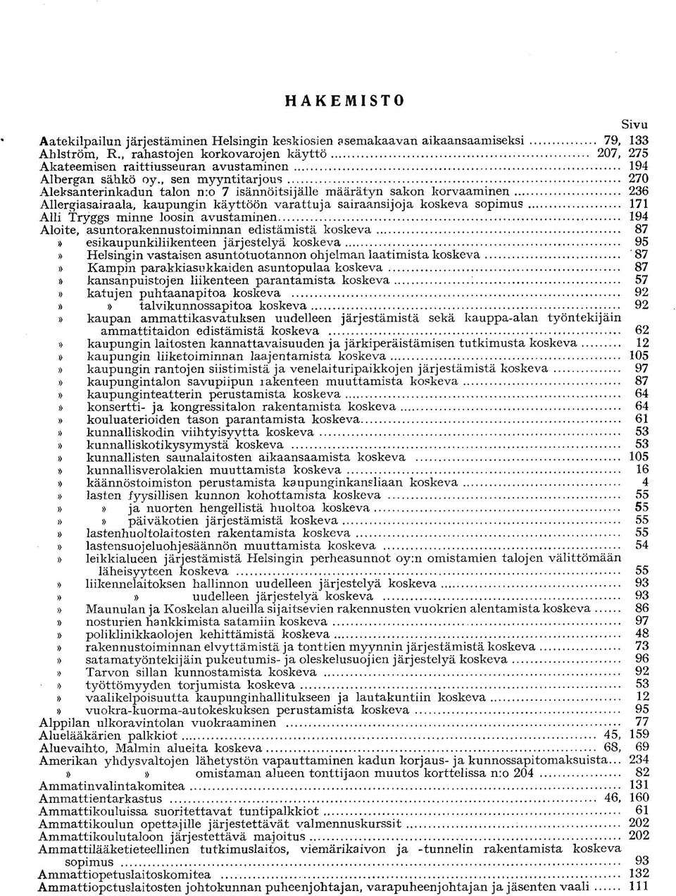, sen myyntitarjous 270 Aleksanterinkadun talon nro 7 isännöitsijälle määrätyn sakon korvaaminen 236 Allergiasairaala, kaupungin käyttöön varattuja sairaansijoja koskeva sopimus 171 Alli Tryggs minne