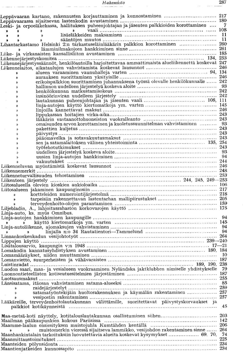 .. 7 vaali 108- ' lisäeläkkeiden maksaminen 11 sääntöjen muutos 11 Lihantarkastamo Helsinki 2:n tarkastuseläinlääkärin palkkion korottaminen 260 lämminilmakoj een hankkiminen sinne 261 Liike- ja