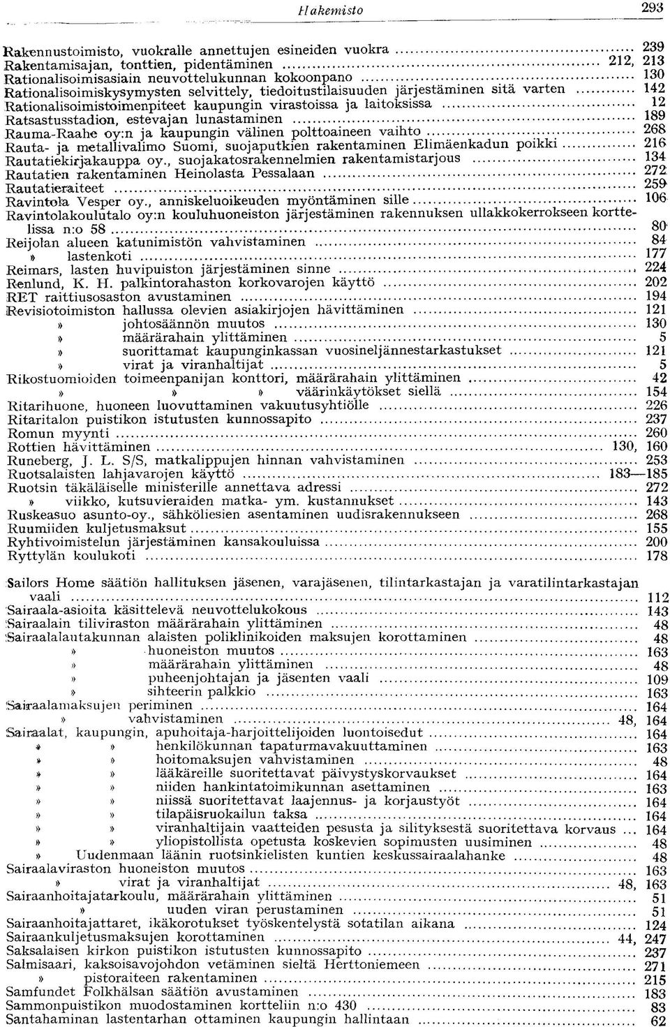 Rauma-Raahe oy:n ja kaupungin välinen polttoaineen vaihto 268 Rauta- ja metallivalimo Suomi, suojaputkien rakentaminen Elimäenkadun poikki 216 Rautatiekirjakauppa oy.