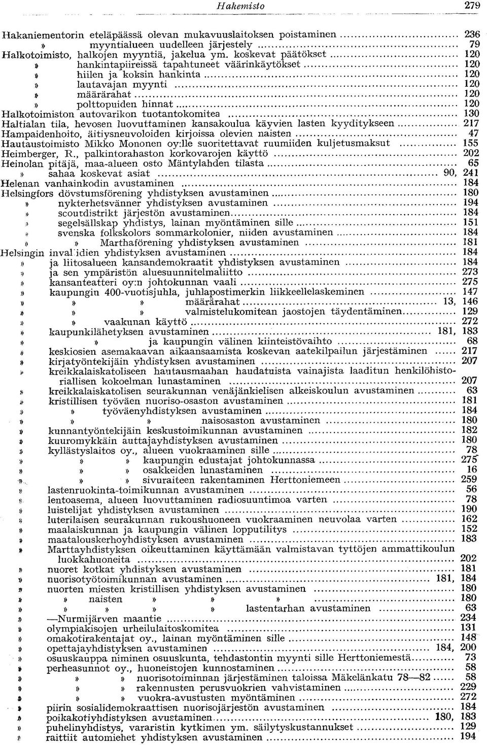 tuotantokomitea 130 Haltialan tila, hevosen luovuttaminen kansakoulua käyvien lasten kyyditykseen 217 Hampaidenhoito, äitiysneuvoloiden kirjoissa olevien naisten 47 Hautaustoimisto Mikko Mononen