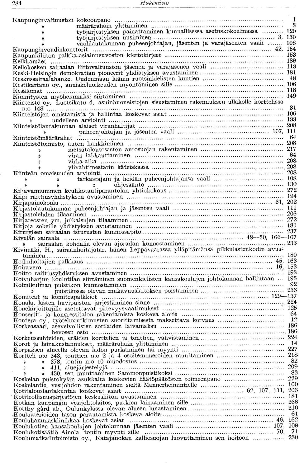 Kaupunginvoudinkonttorit 42, 154 Kaupunkiliiton palkka-asiainneuvoston kiertokirjeet 153 Kelkkamäet 189 Kellokosken sairaalan liittovaltuuston jäsenen ja varajäsenen vaali.