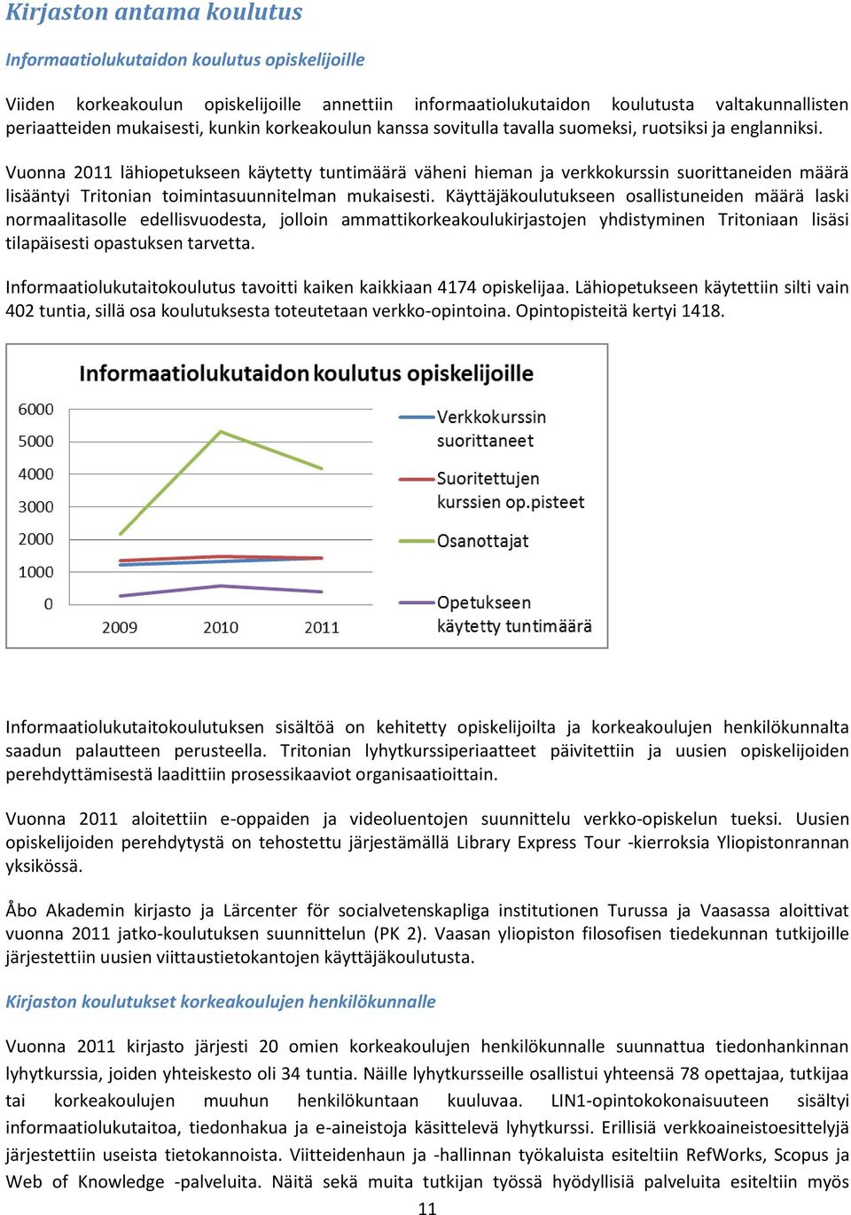 Vunna 2011 lähipetukseen käytetty tuntimäärä väheni hieman ja verkkkurssin surittaneiden määrä lisääntyi Tritnian timintasuunnitelman mukaisesti.