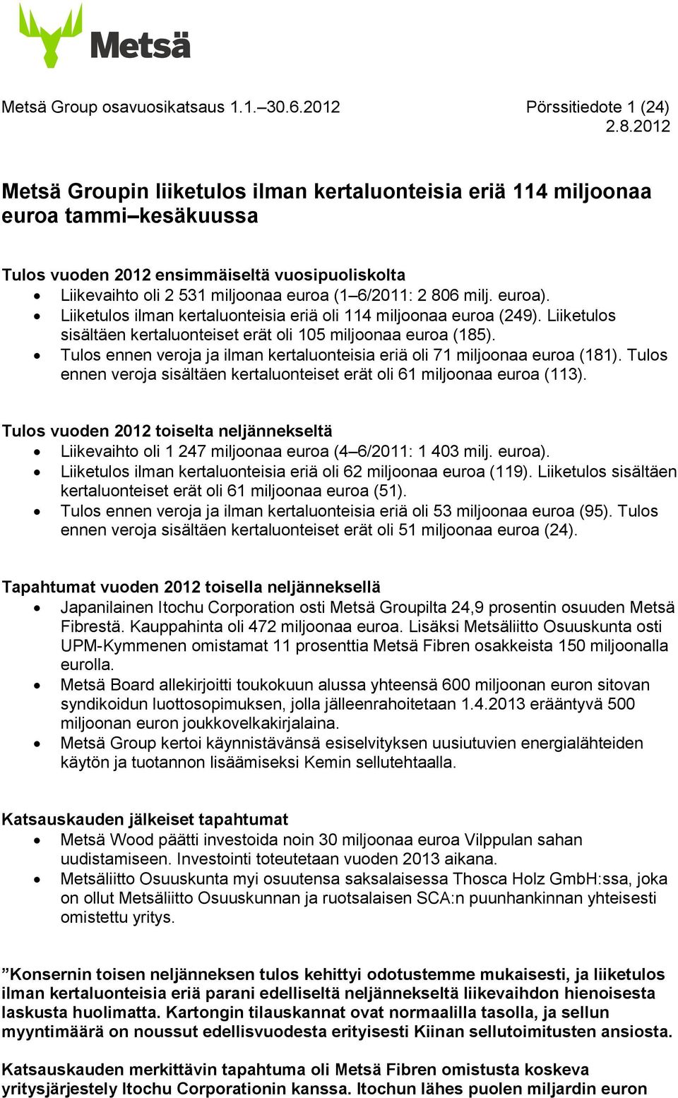 euroa (1 6/: 2 806 milj. euroa). Liiketulos ilman kertaluonteisia eriä oli 114 miljoonaa euroa (249). Liiketulos sisältäen kertaluonteiset erät oli 105 miljoonaa euroa (185).