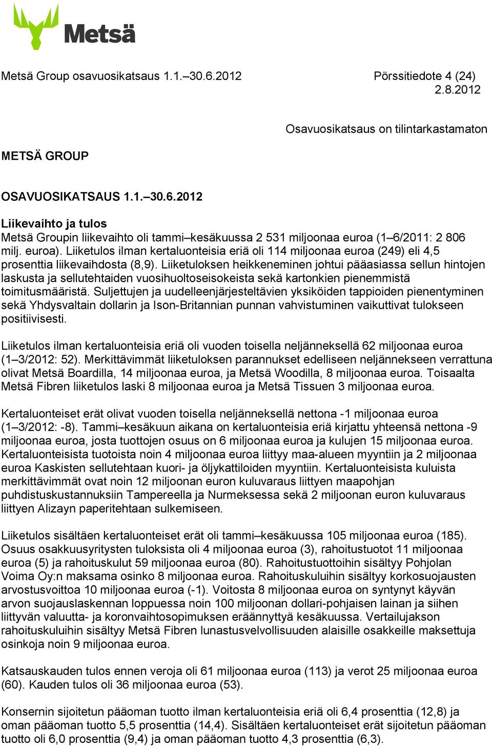 Liiketuloksen heikkeneminen johtui pääasiassa sellun hintojen laskusta ja sellutehtaiden vuosihuoltoseisokeista sekä kartonkien pienemmistä toimitusmääristä.