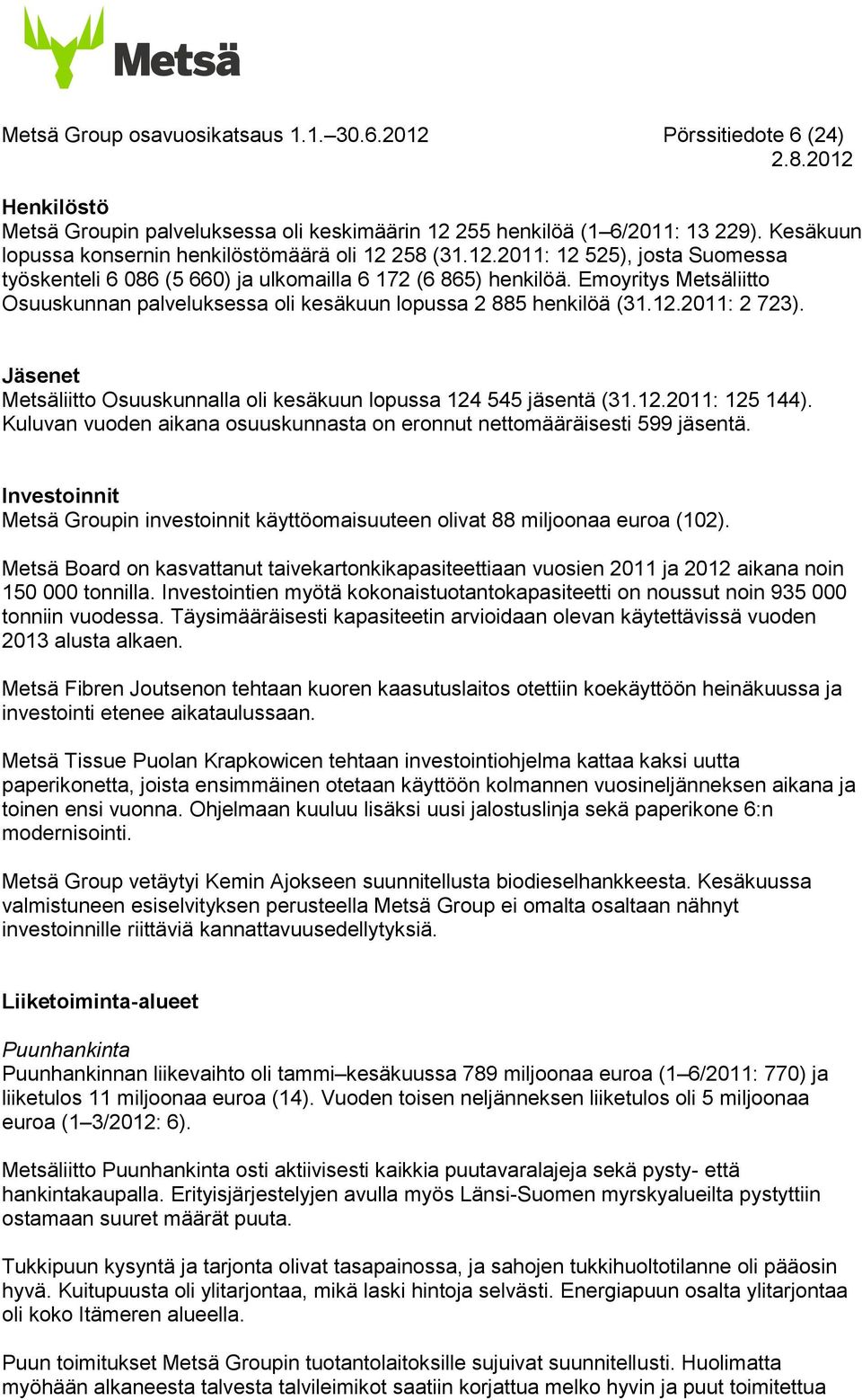 Emoyritys Metsäliitto Osuuskunnan palveluksessa oli kesäkuun lopussa 2 885 henkilöä (31.12.: 2 723). Jäsenet Metsäliitto Osuuskunnalla oli kesäkuun lopussa 124 545 jäsentä (31.12.: 125 144).