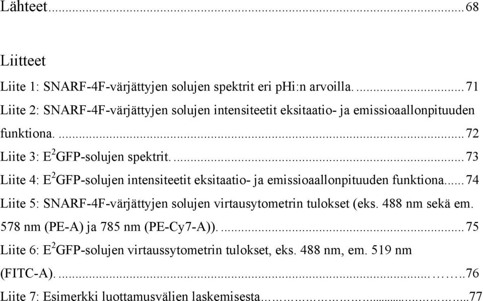 ... 73 Liite 4: E 2 GFP-solujen intensiteetit eksitaatio- ja emissioaallonpituuden funktiona.