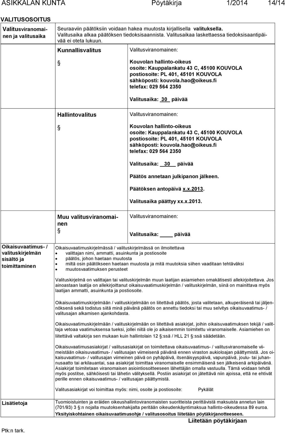 Kunnallisvalitus Valitusviranomainen: Kouvolan hallinto-oikeus osoite: Kauppalankatu 43 C, 45100 KOUVOLA postiosoite: PL 401, 45101 KOUVOLA sähköposti: kouvola.hao@oikeus.