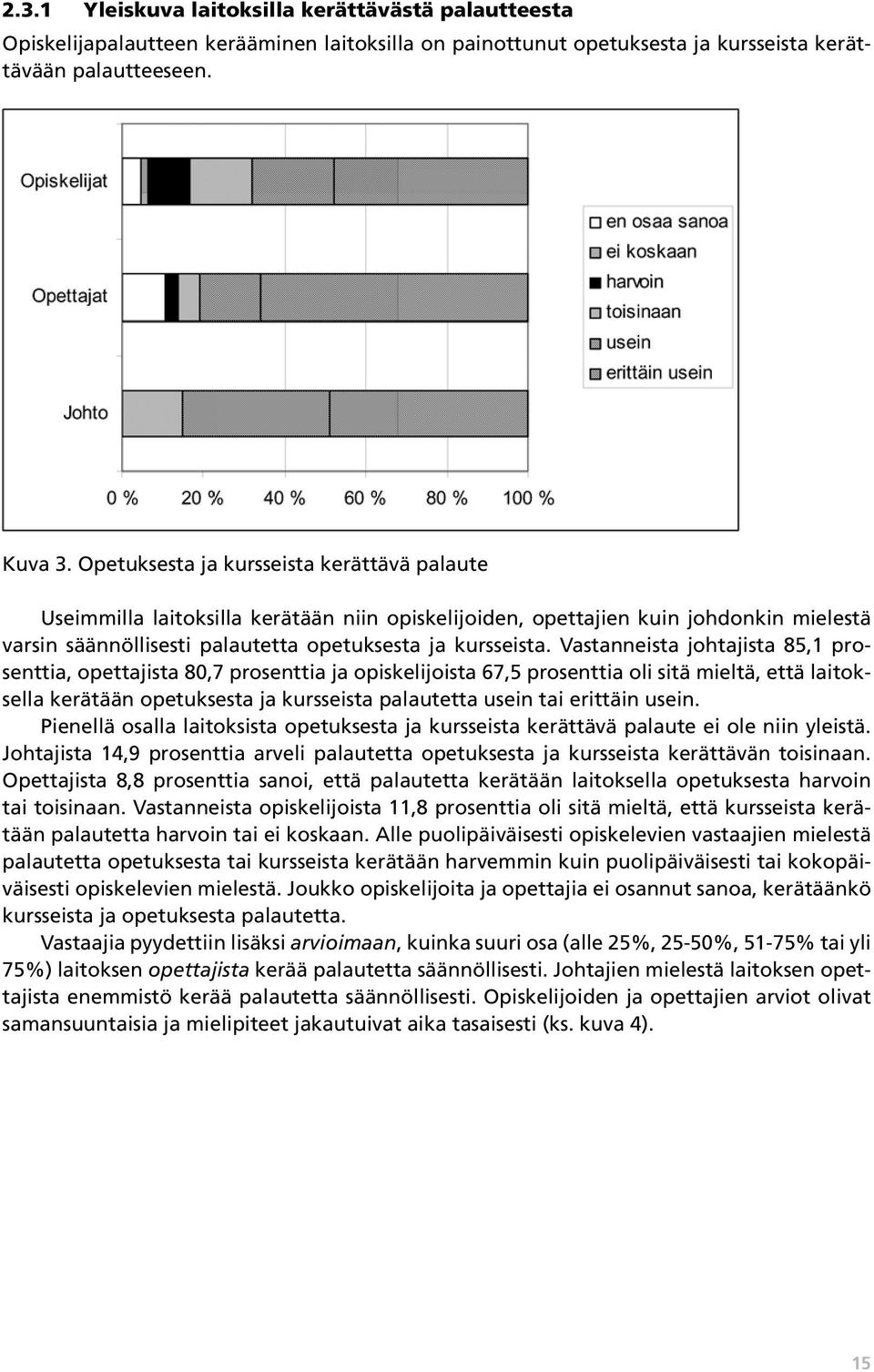 Vastanneista johtajista 85,1 prosenttia, opettajista 80,7 prosenttia ja opiskelijoista 67,5 prosenttia oli sitä mieltä, että laitoksella kerätään opetuksesta ja kursseista palautetta usein tai