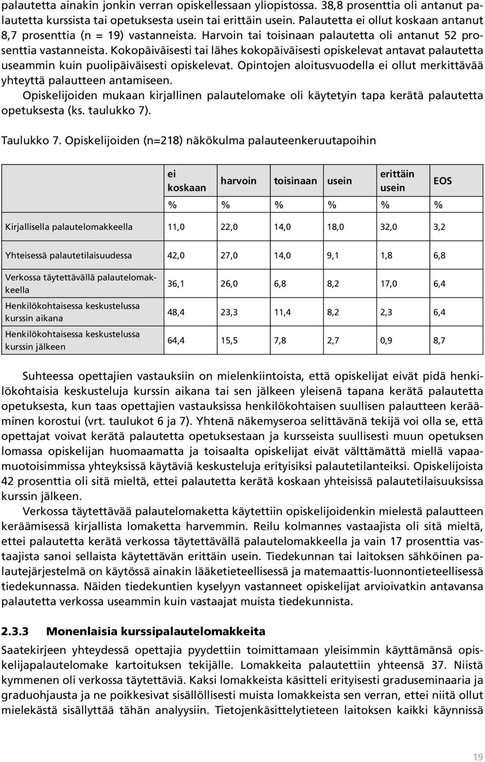 Kokopäiväisesti tai lähes kokopäiväisesti opiskelevat antavat palautetta useammin kuin puolipäiväisesti opiskelevat. Opintojen aloitusvuodella ei ollut merkittävää yhteyttä palautteen antamiseen.