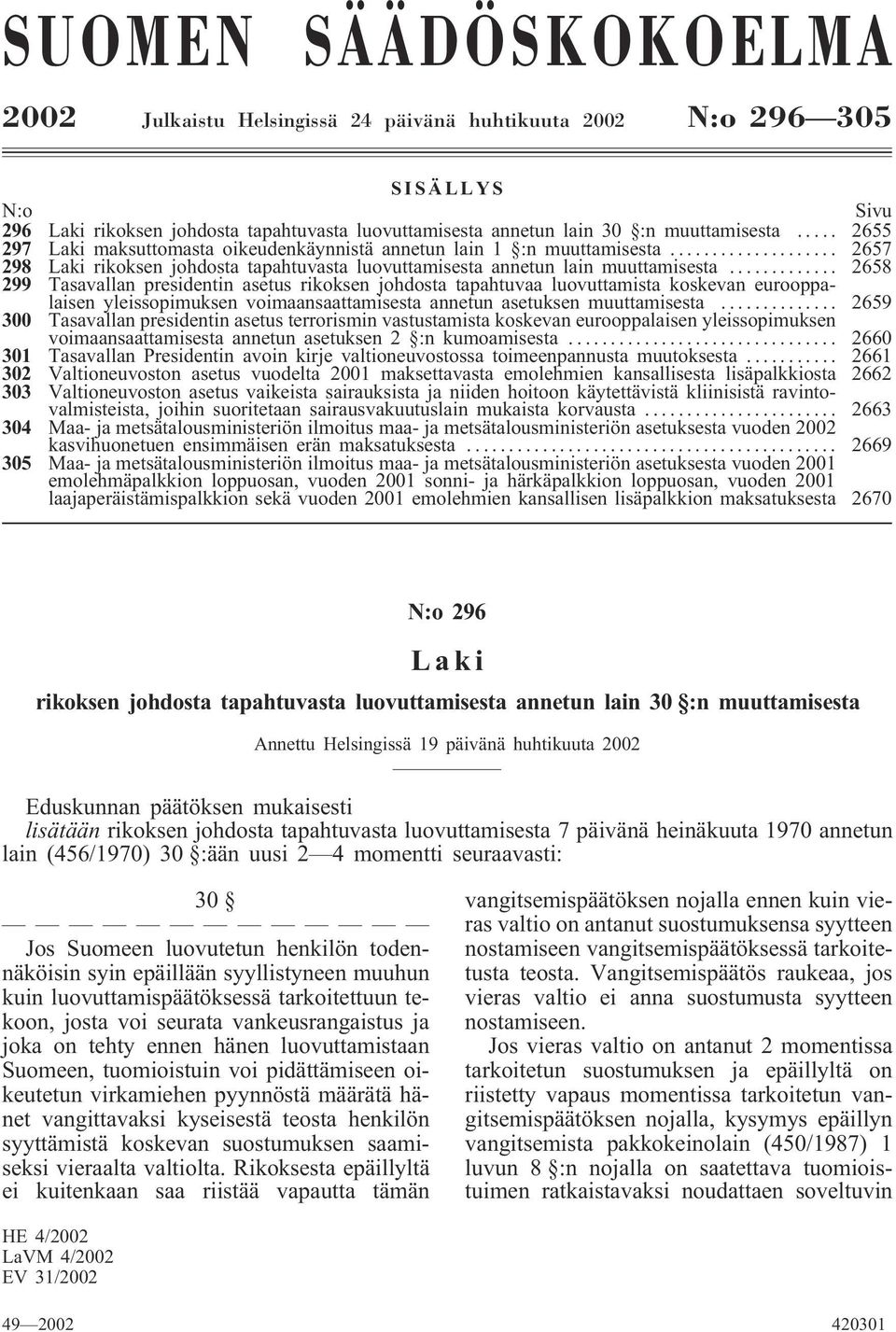 .. 2658 299 Tasavallan presidentin asetus rikoksen johdosta tapahtuvaa luovuttamista koskevan eurooppalaisen yleissopimuksen voimaansaattamisesta annetun asetuksen muuttamisesta.