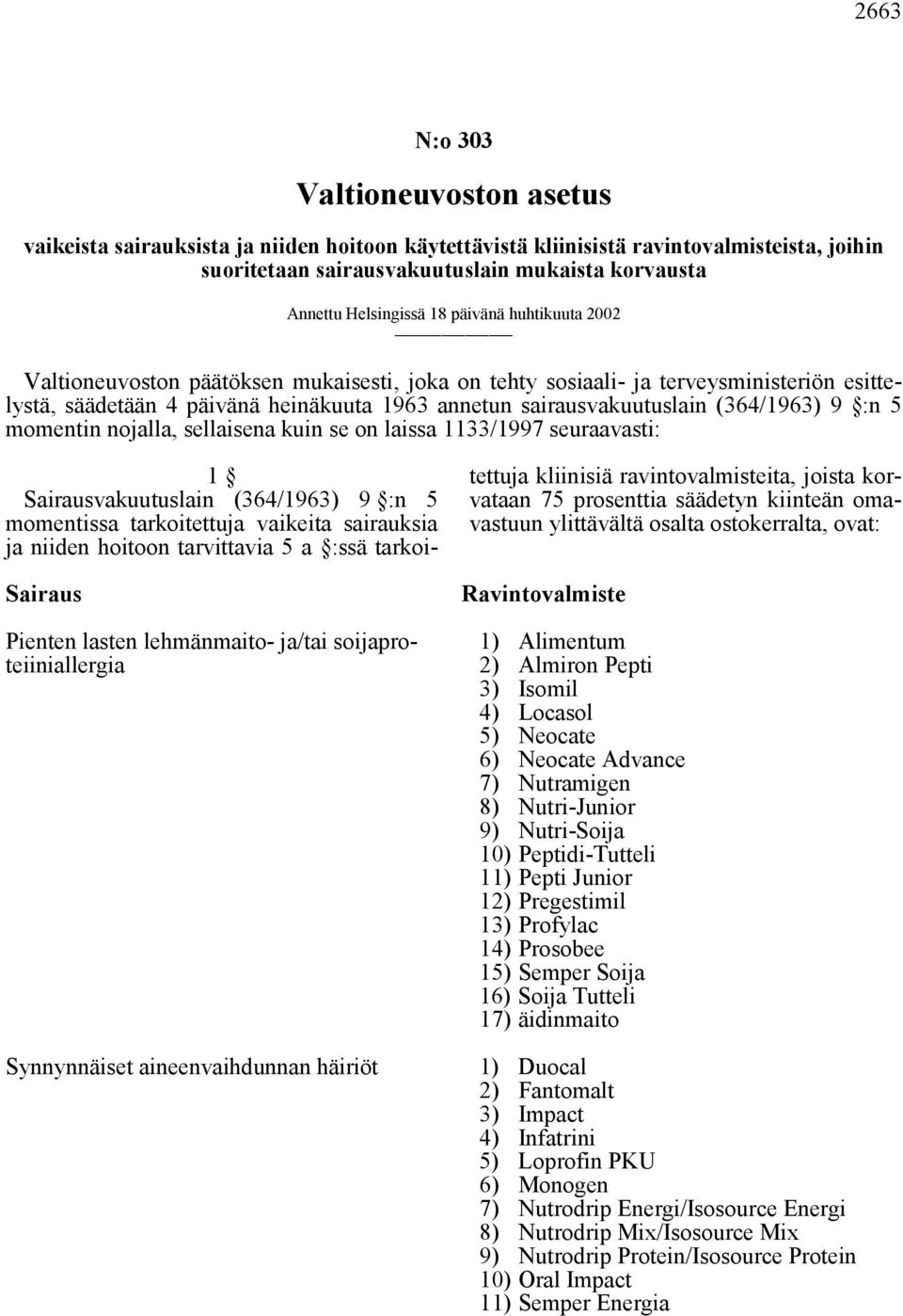 (364/1963) 9 :n 5 momentin nojalla, sellaisena kuin se on laissa 1133/1997 seuraavasti: Sairaus Pienten lasten lehmänmaito- ja/tai soijaproteiiniallergia Synnynnäiset aineenvaihdunnan häiriöt 1