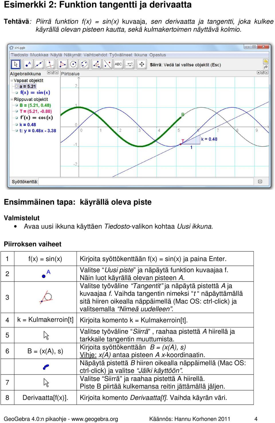 2 3 Valitse Uusi piste ja näpäytä funktion kuvaajaa f. Näin luot käyrällä olevan pisteen A. Valitse työväline Tangentit ja näpäytä pistettä A ja kuvaajaa f.