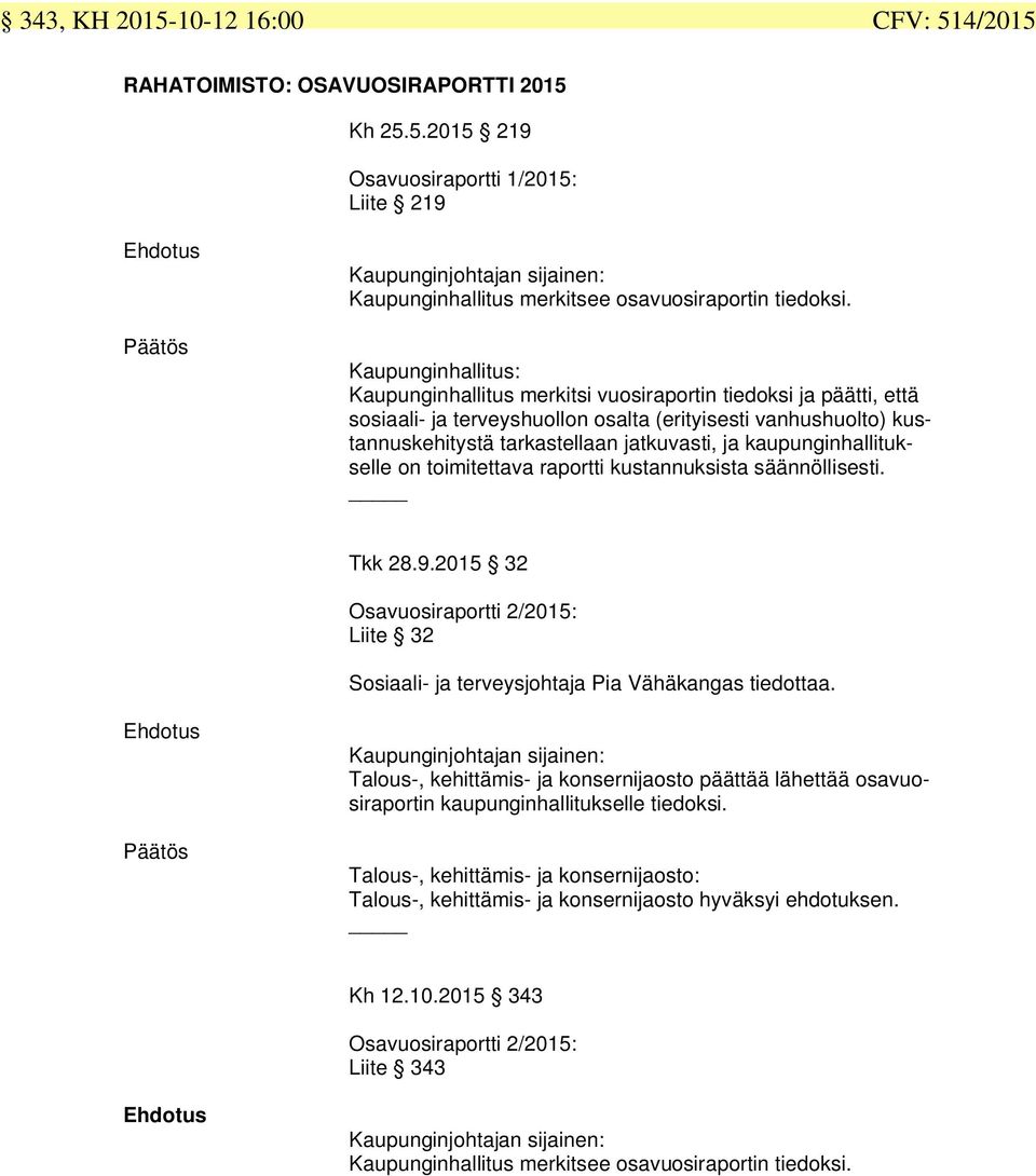 kaupunginhallitukselle on toimitettava raportti kustannuksista säännöllisesti. Tkk 28.9.2015 32 Osavuosiraportti 2/2015: Liite 32 Sosiaali- ja terveysjohtaja Pia Vähäkangas tiedottaa.