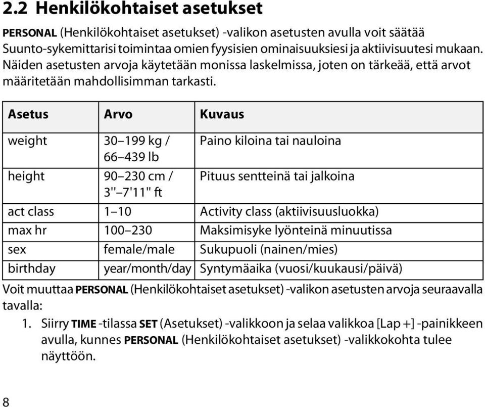 Asetus Arvo Kuvaus weight height act class max hr sex birthday 30 199 kg / 66 439 lb 90 230 cm / 3'' 7'11'' ft 1 10 100 230 female/male year/month/day Paino kiloina tai nauloina Pituus sentteinä tai