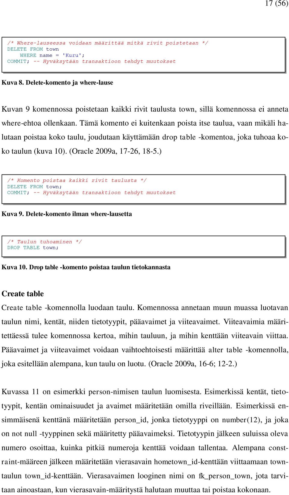 Tämä komento ei kuitenkaan poista itse taulua, vaan mikäli halutaan poistaa koko taulu, joudutaan käyttämään drop table -komentoa, joka tuhoaa koko taulun (kuva 10). (Oracle 2009a, 17-26, 18-5.