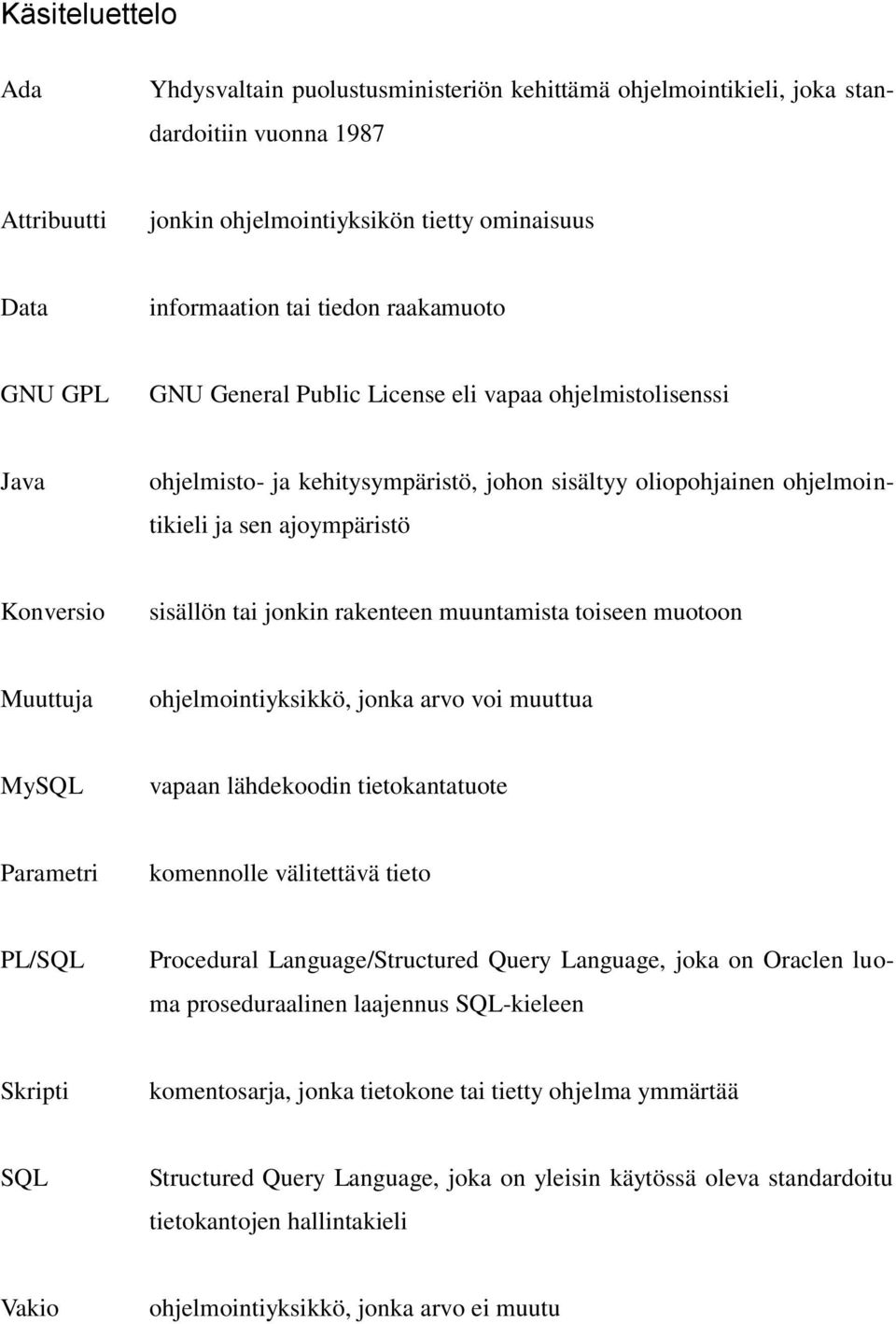 tai jonkin rakenteen muuntamista toiseen muotoon Muuttuja ohjelmointiyksikkö, jonka arvo voi muuttua MySQL vapaan lähdekoodin tietokantatuote Parametri komennolle välitettävä tieto PL/SQL Procedural