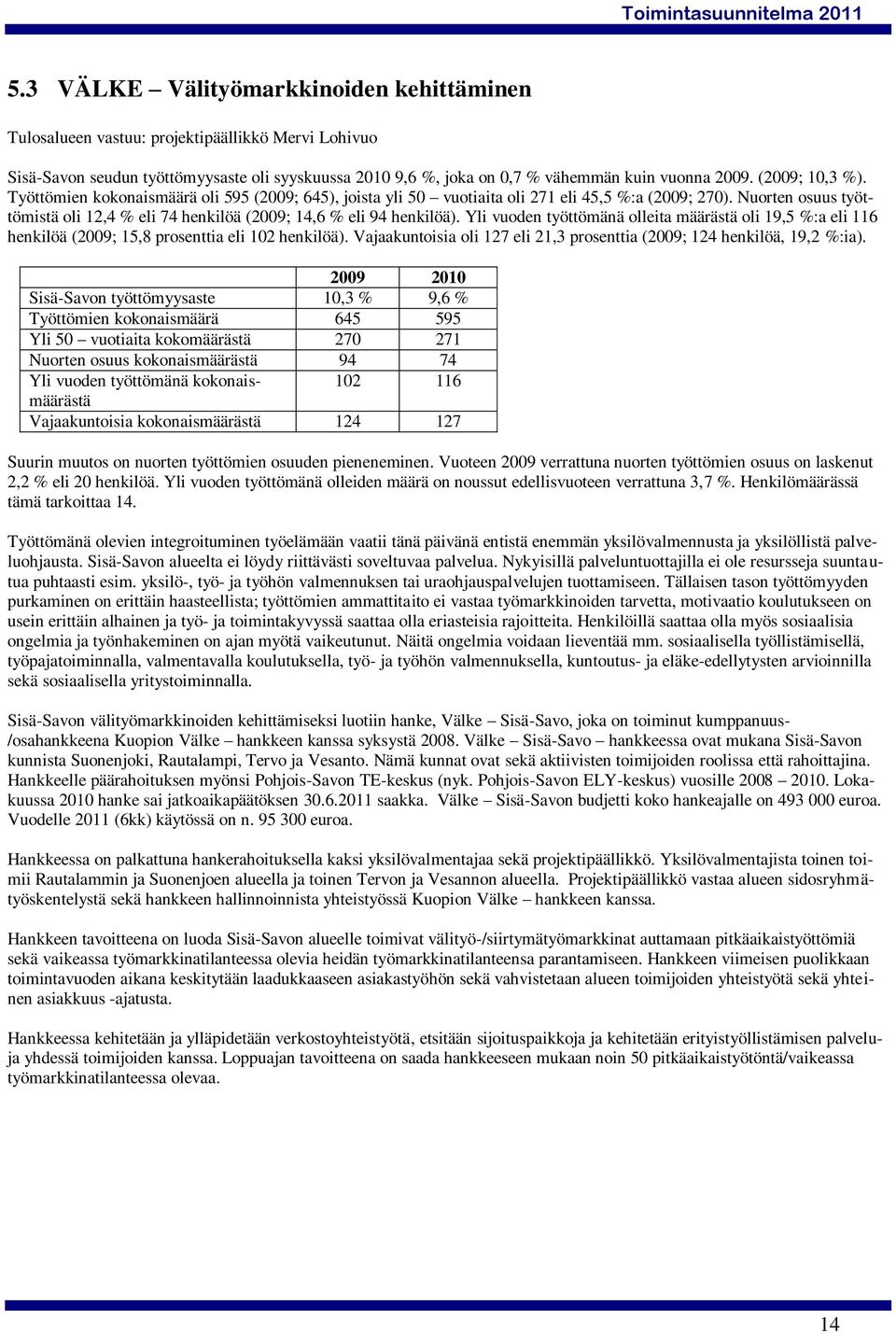 Nuorten osuus työttömistä oli 12,4 % eli 74 henkilöä (2009; 14,6 % eli 94 henkilöä). Yli vuoden työttömänä olleita määrästä oli 19,5 %:a eli 116 henkilöä (2009; 15,8 prosenttia eli 102 henkilöä).