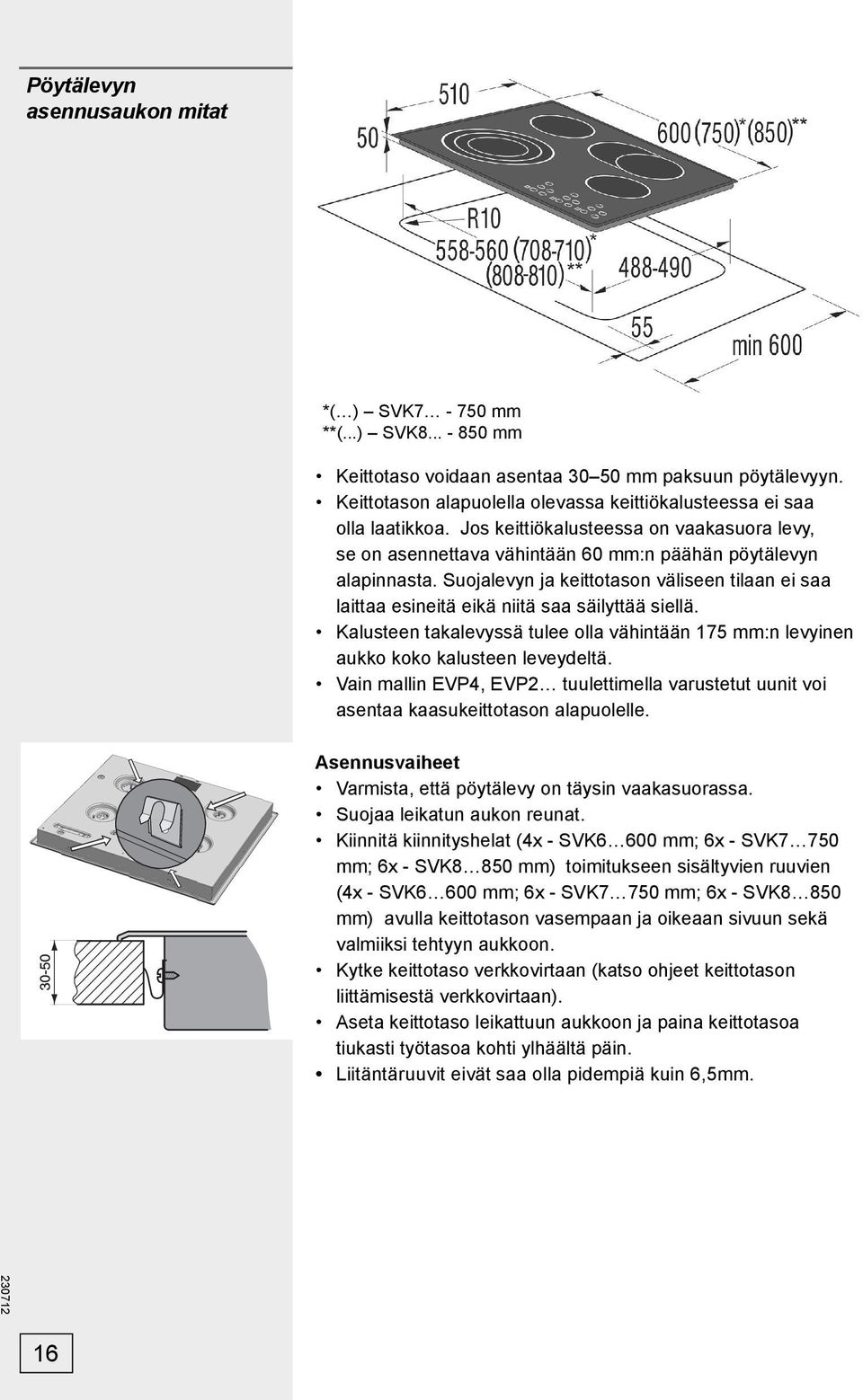 Suojalevyn ja keittotason väliseen tilaan ei saa laittaa esineitä eikä niitä saa säilyttää siellä. Kalusteen takalevyssä tulee olla vähintään 175 mm:n levyinen aukko koko kalusteen leveydeltä.