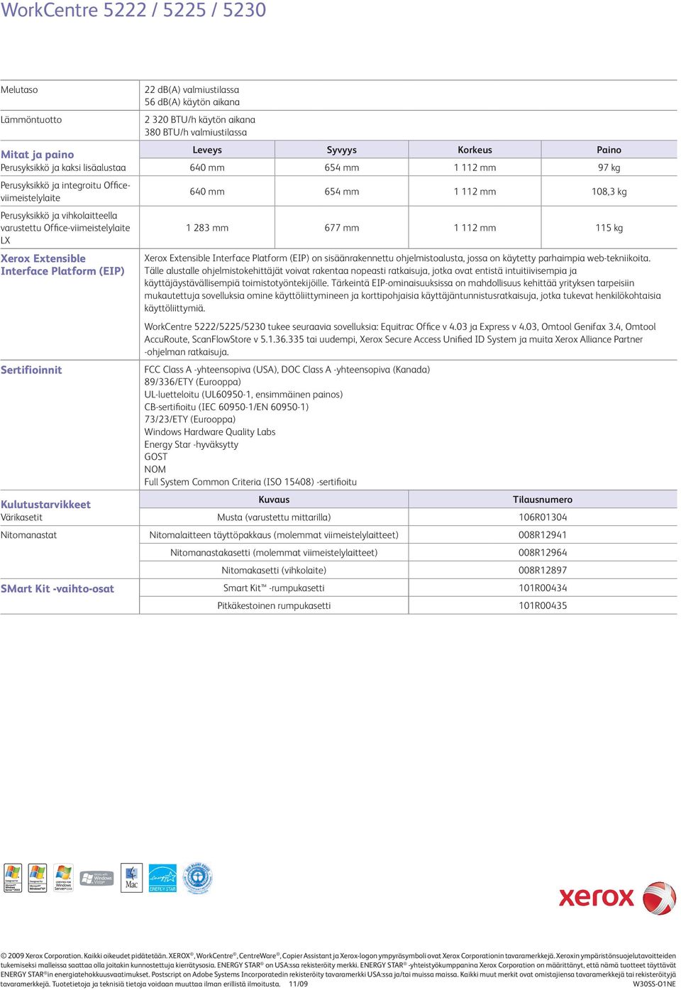 97 kg 640 mm 654 mm 1 112 mm 108,3 kg 1 283 mm 677 mm 1 112 mm 115 kg Xerox Extensible Interface Platform (EIP) on sisäänrakennettu ohjelmistoalusta, jossa on käytetty parhaimpia web-tekniikoita.