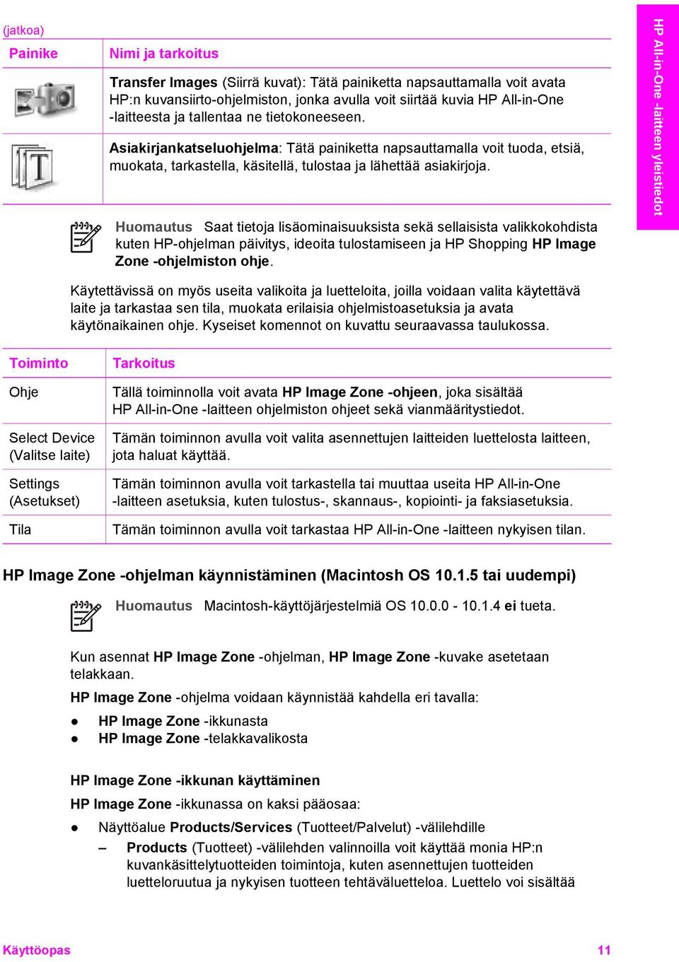 Huomautus Saat tietoja lisäominaisuuksista sekä sellaisista valikkokohdista kuten HP-ohjelman päivitys, ideoita tulostamiseen ja HP Shopping HP Image Zone -ohjelmiston ohje.