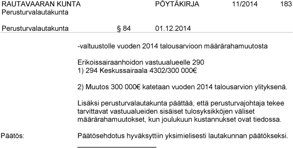 4302/300 000 2) Muutos 300 000 katetaan vuoden 2014 talousarvion ylityksenä.