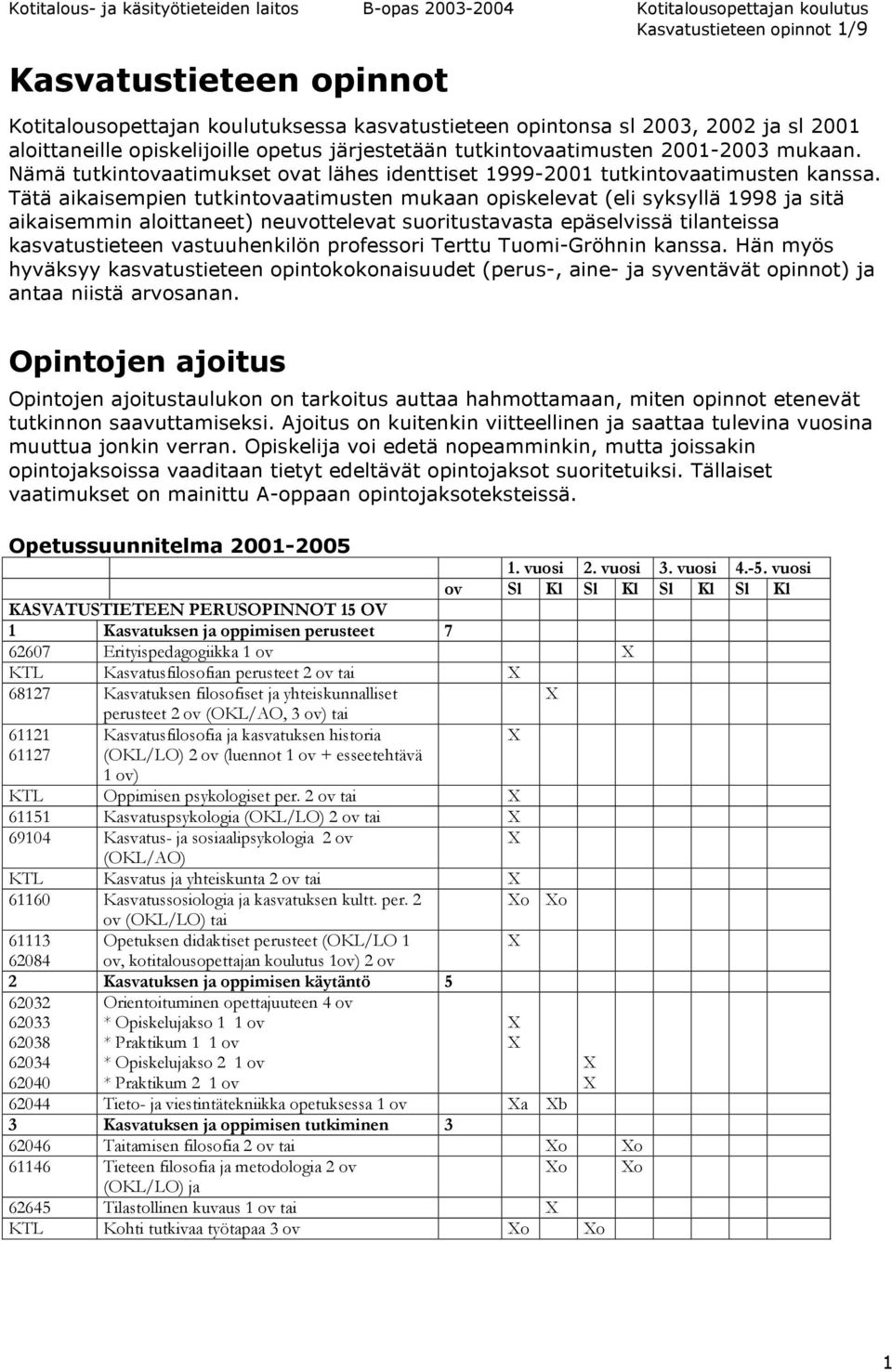 Tätä aikaisempien tutkintovaatimusten mukaan opiskelevat (eli syksyllä 1998 ja sitä aikaisemmin aloittaneet) neuvottelevat suoritustavasta epäselvissä tilanteissa kasvatustieteen vastuuhenkilön