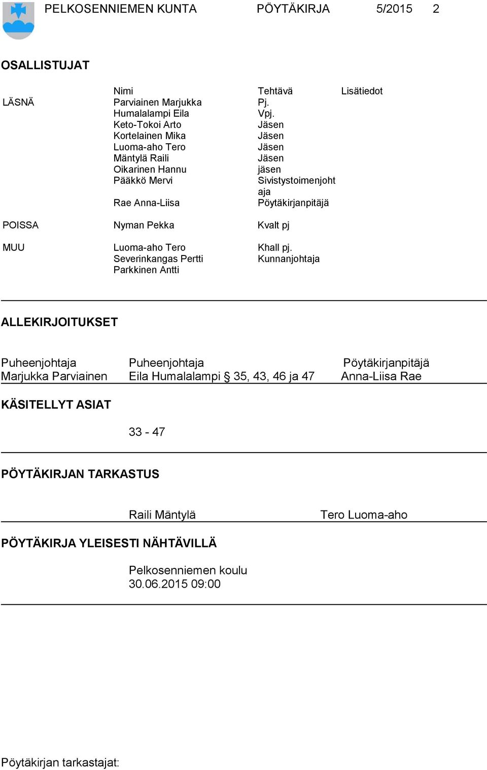 Pöytäkirjanpitäjä POISSA Nyman Pekka Kvalt pj MUU Luoma-aho Tero Khall pj.