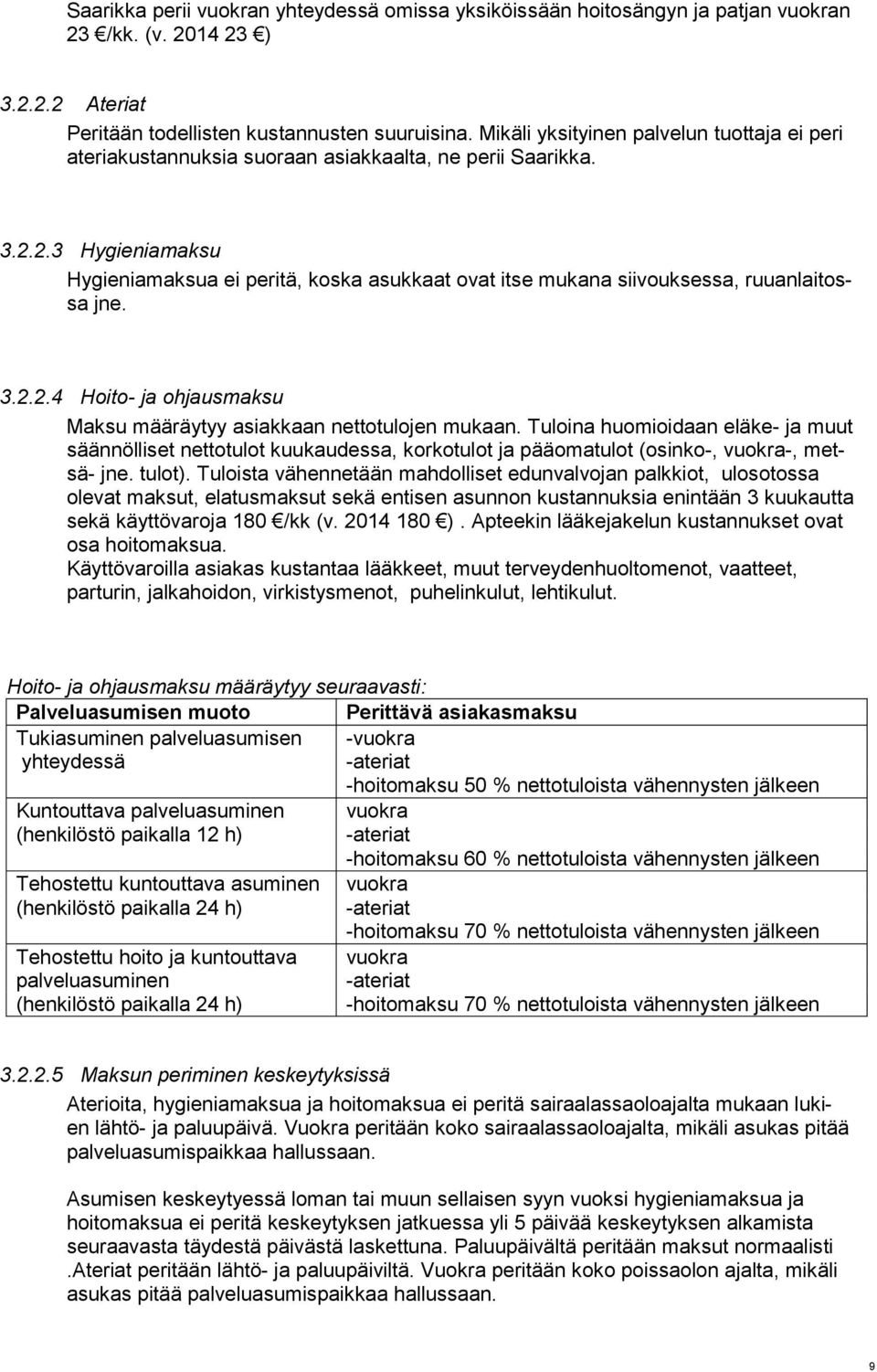 2.3 Hygieniamaksu Hygieniamaksua ei peritä, koska asukkaat ovat itse mukana siivouksessa, ruuanlaitossa jne. 3.2.2.4 Hoito- ja ohjausmaksu Maksu määräytyy asiakkaan nettotulojen mukaan.