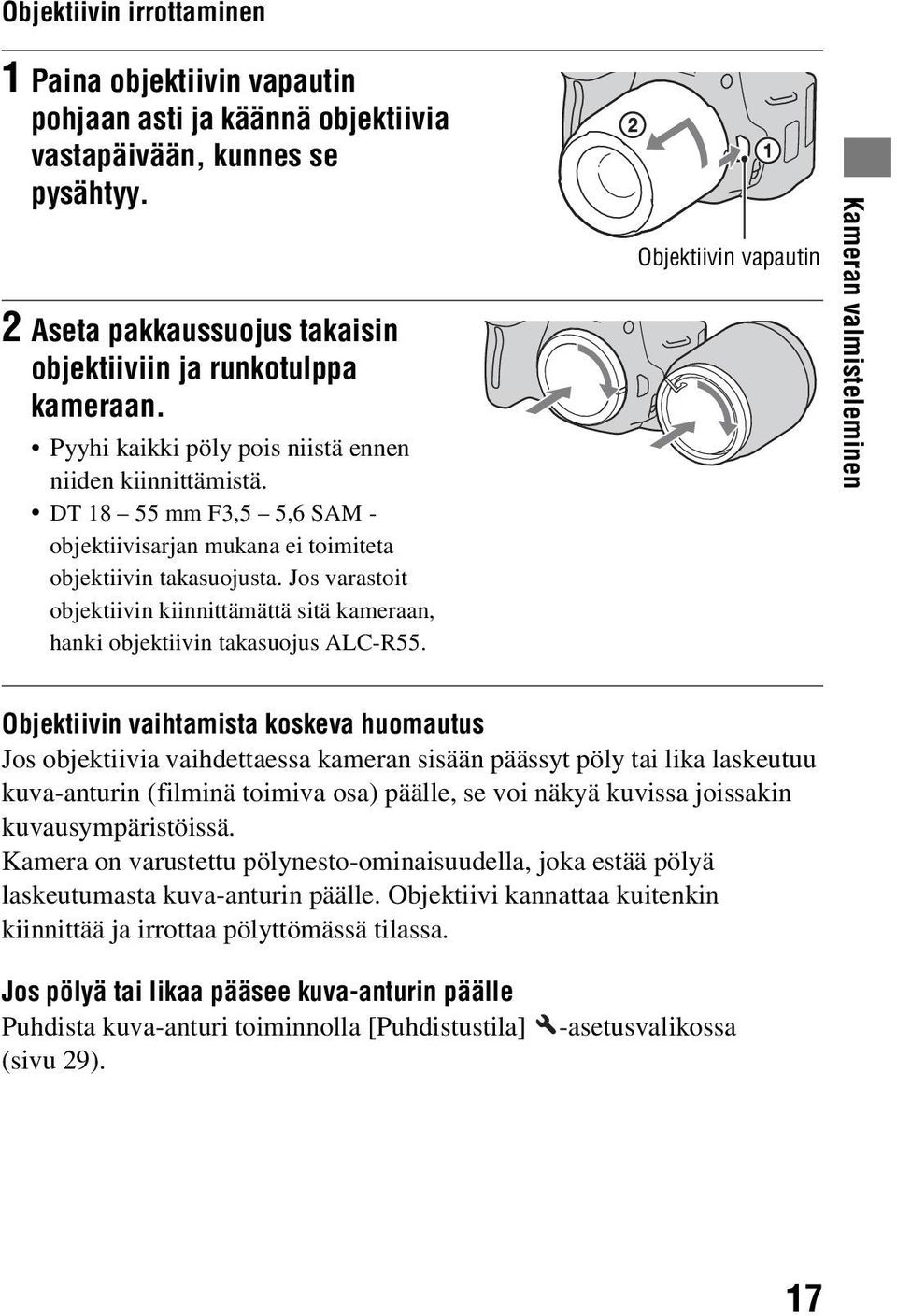 Jos varastoit objektiivin kiinnittämättä sitä kameraan, hanki objektiivin takasuojus ALC-R55.