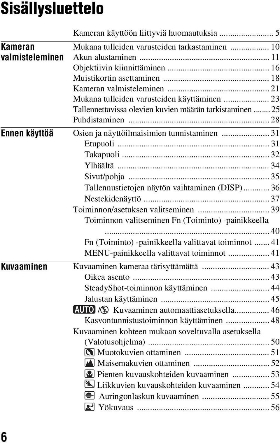 .. 28 Ennen käyttöä Osien ja näyttöilmaisimien tunnistaminen... 31 Etupuoli... 31 Takapuoli... 32 Ylhäältä... 34 Sivut/pohja... 35 Tallennustietojen näytön vaihtaminen (DISP)... 36 Nestekidenäyttö.