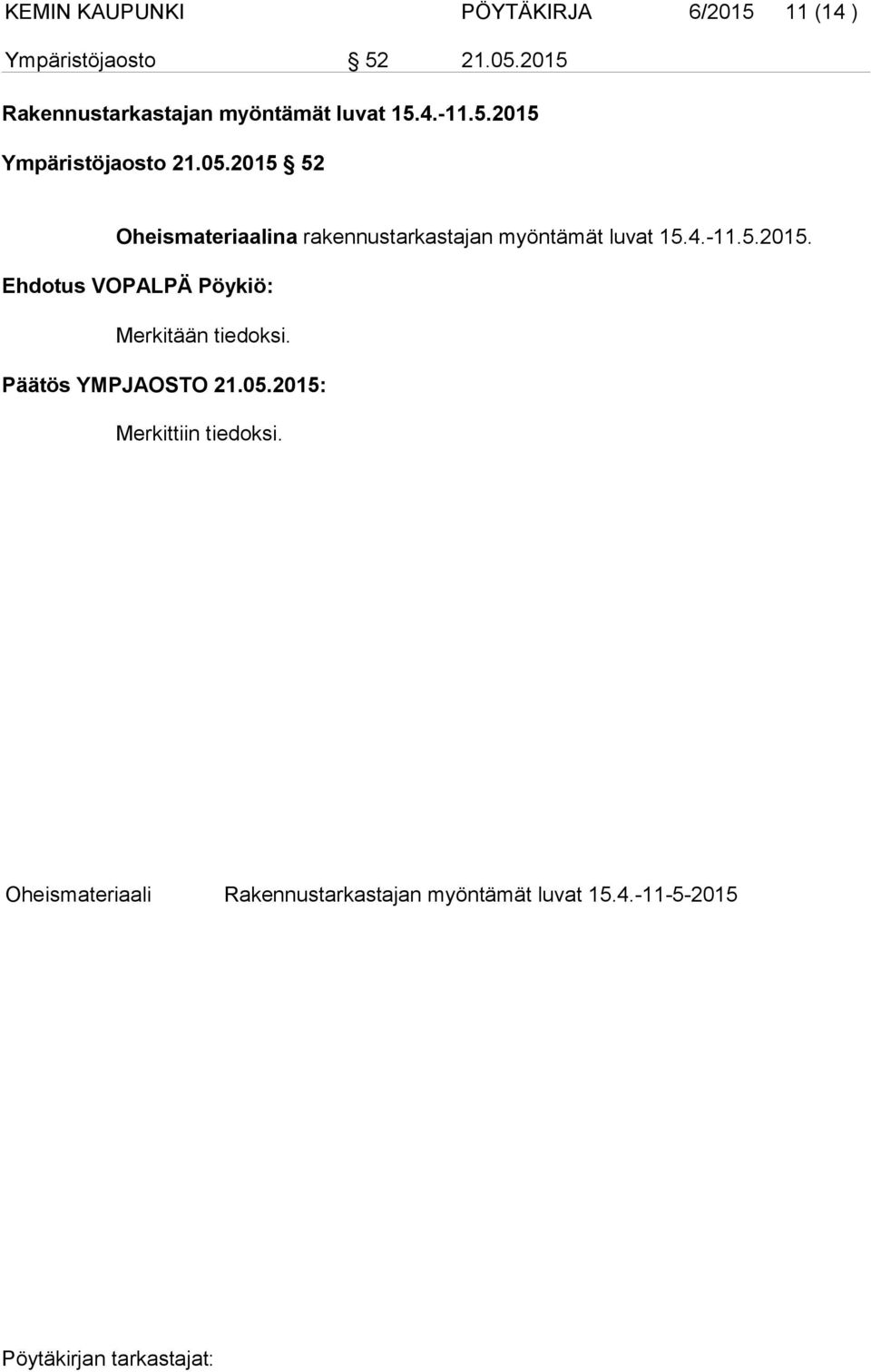 2015 52 Oheismateriaalina rakennustarkastajan myöntämät luvat 15.4.-11.5.2015. Ehdotus VOPALPÄ Pöykiö: Merkitään tiedoksi.