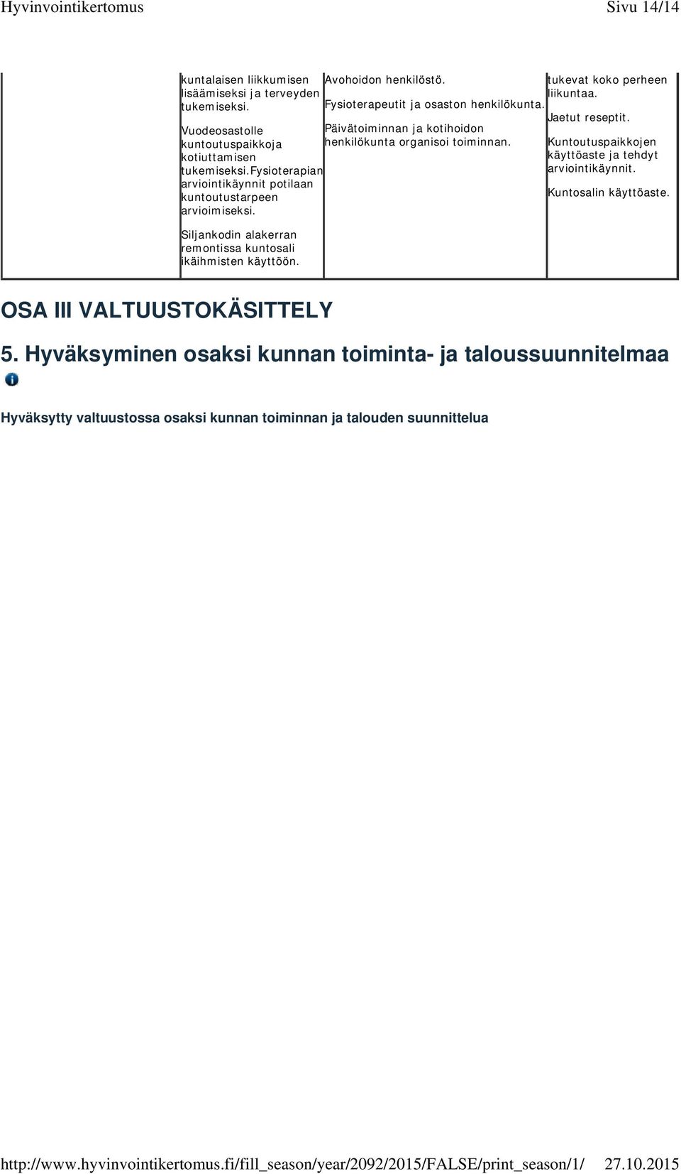 Avohoidon henkilöstö. tukevat koko perheen liikuntaa. Fysioterapeutit ja osaston henkilökunta. Jaetut reseptit. Kuntoutuspaikkojen käyttöaste ja tehdyt arviointikäynnit.