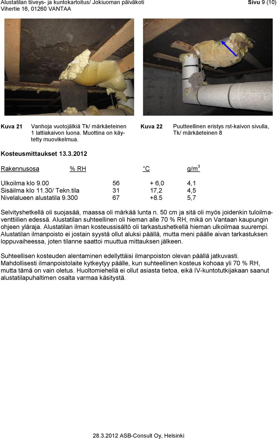 tila 31 17,2 4,5 Nivelalueen alustatila 9.300 67 +8.5 5,7 Selvityshetkellä oli suojasää, maassa oli märkää lunta n. 50 cm ja sitä oli myös joidenkin tuloilmaventtiilien edessä.