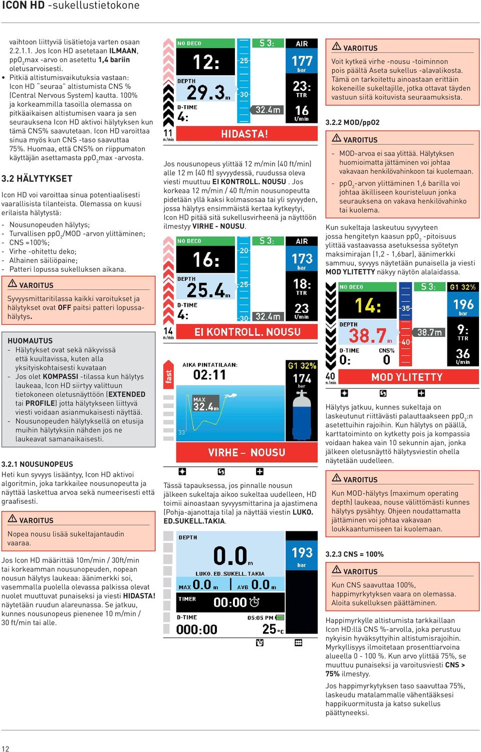 100% ja korkeammilla tasoilla olemassa on pitkäaikaisen altistumisen vaara ja sen seurauksena Icon HD aktivoi hälytyksen kun tämä CNS% saavutetaan.