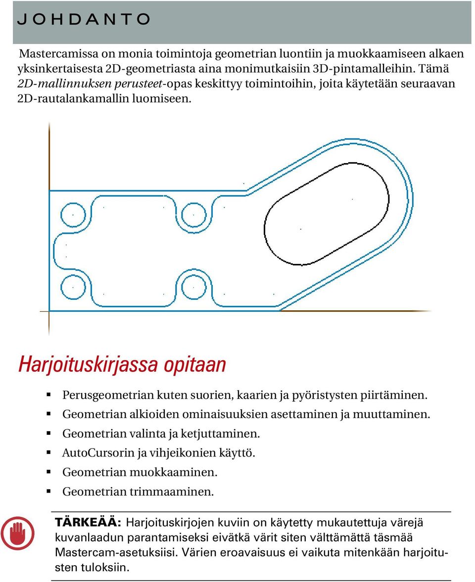 Harjoituskirjassa opitaan Perusgeometrian kuten suorien, kaarien ja pyöristysten piirtäminen. Geometrian alkioiden ominaisuuksien asettaminen ja muuttaminen. Geometrian valinta ja ketjuttaminen.