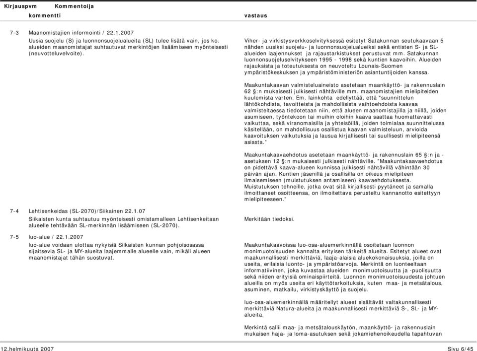 07 Siikaisten kunta suhtautuu myönteisesti omistamalleen Lehtisenkeitaan alueelle tehtävään SL-merkinnän lisäämiseen (SL-2070). luo-alue / 22.1.