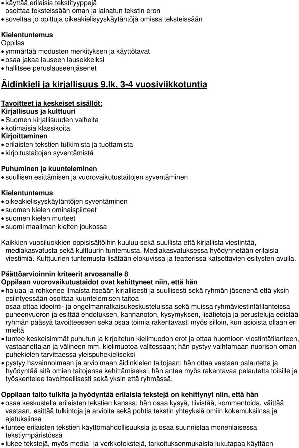 lk, 3-4 vuosiviikkotuntia Tavoitteet ja keskeiset sisällöt: Suomen kirjallisuuden vaiheita kotimaisia klassikoita erilaisten tekstien tutkimista ja tuottamista kirjoitustaitojen syventämistä