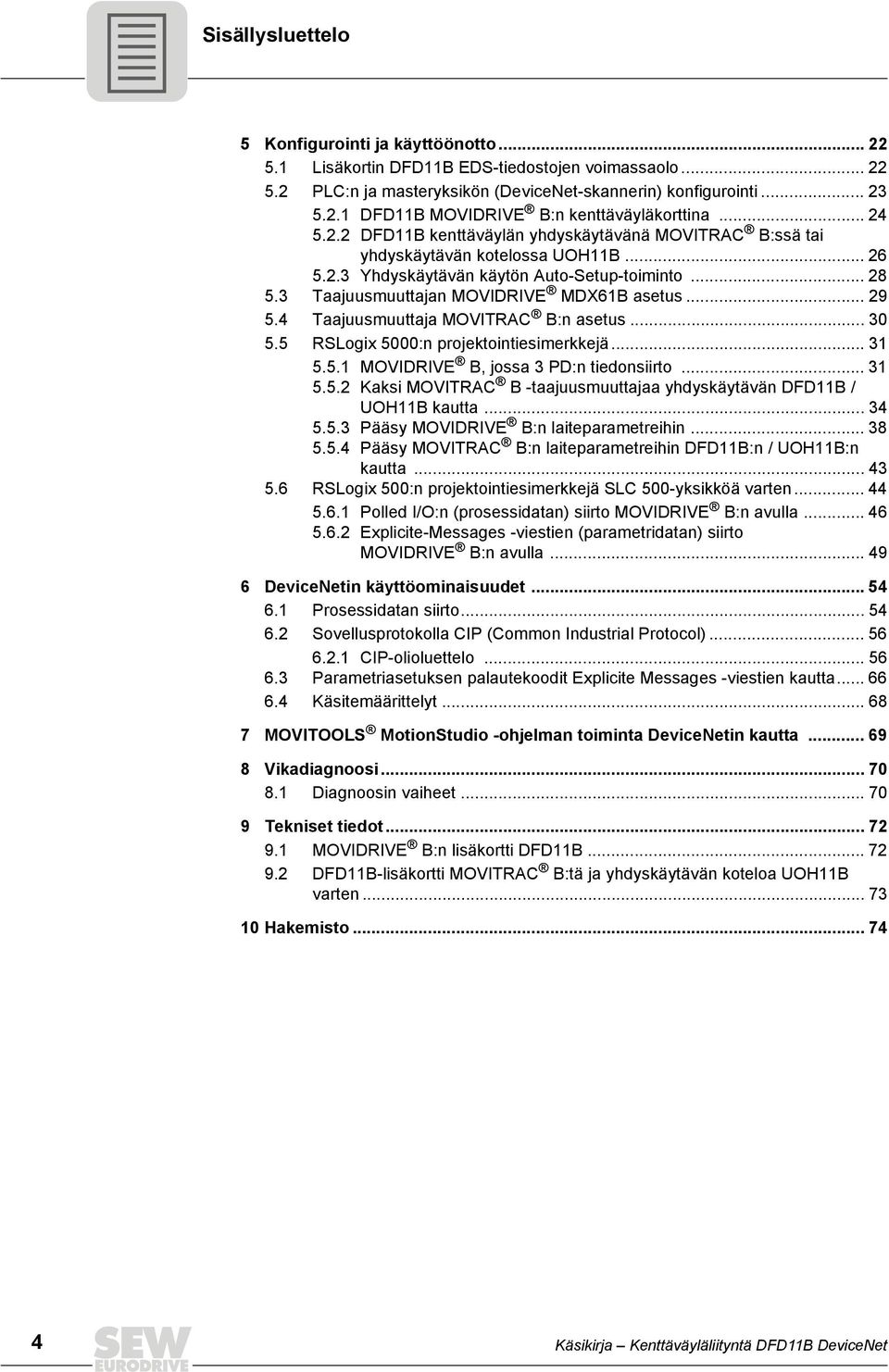 .. 29 5.4 Taajuusmuuttaja MOVTRAC B:n asetus... 3 5.5 RSLogix 5:n projektointiesimerkkejä... 31 5.5.1 MOVDRVE B, jossa 3 PD:n tiedonsiirto... 31 5.5.2 Kaksi MOVTRAC B -taajuusmuuttajaa yhdyskäytävän DFD11B / UOH11B kautta.