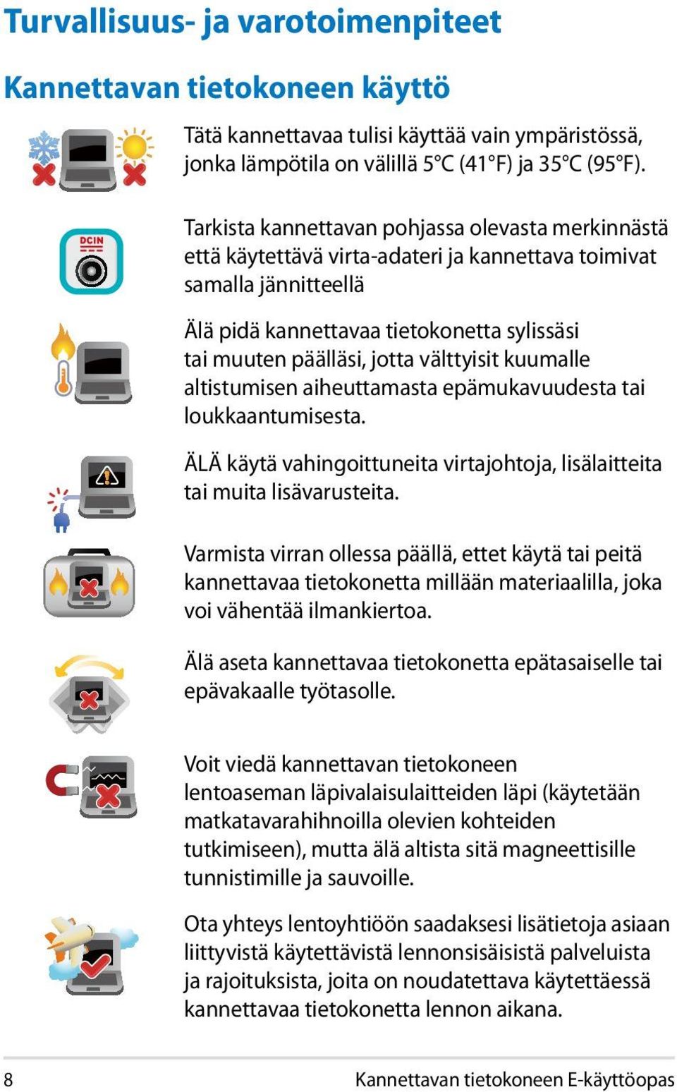 välttyisit kuumalle altistumisen aiheuttamasta epämukavuudesta tai loukkaantumisesta. ÄLÄ käytä vahingoittuneita virtajohtoja, lisälaitteita tai muita lisävarusteita.