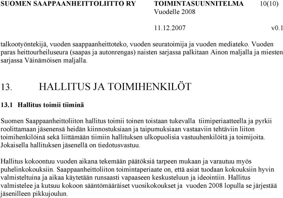 1 Hallitus toimii tiiminä Suomen Saappaanheittoliiton hallitus toimii toinen toistaan tukevalla tiimiperiaatteella ja pyrkii roolittamaan jäsenensä heidän kiinnostuksiaan ja taipumuksiaan vastaaviin