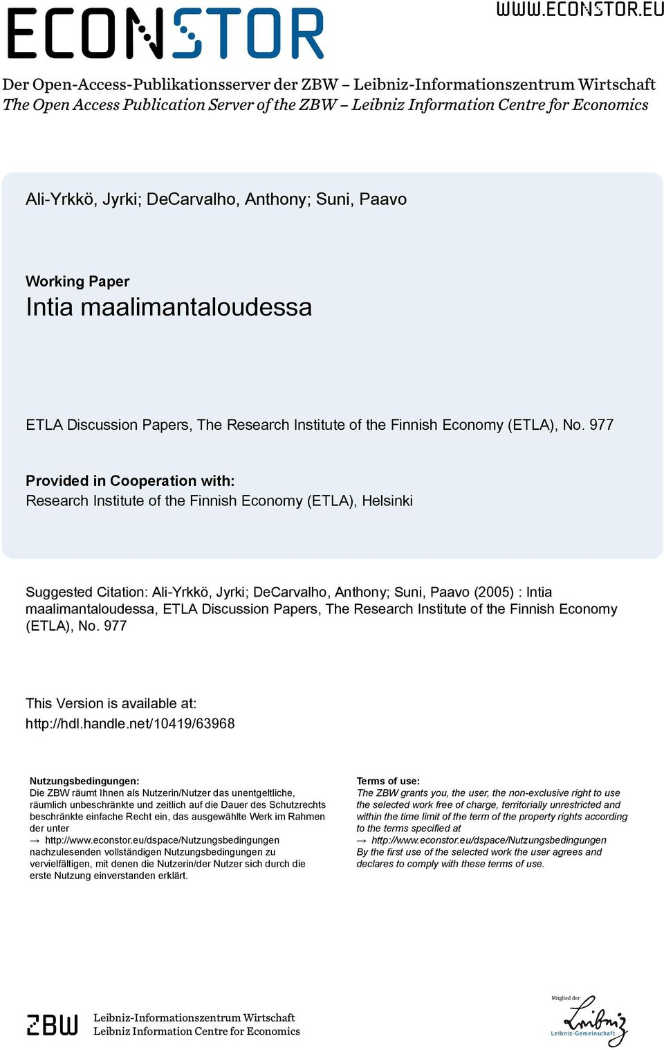 eu Der Open-Access-Publikationsserver der ZBW Leibniz-Informationszentrum Wirtschaft The Open Access Publication Server of the ZBW Leibniz Information Centre for Economics Ali-Yrkkö, Jyrki;