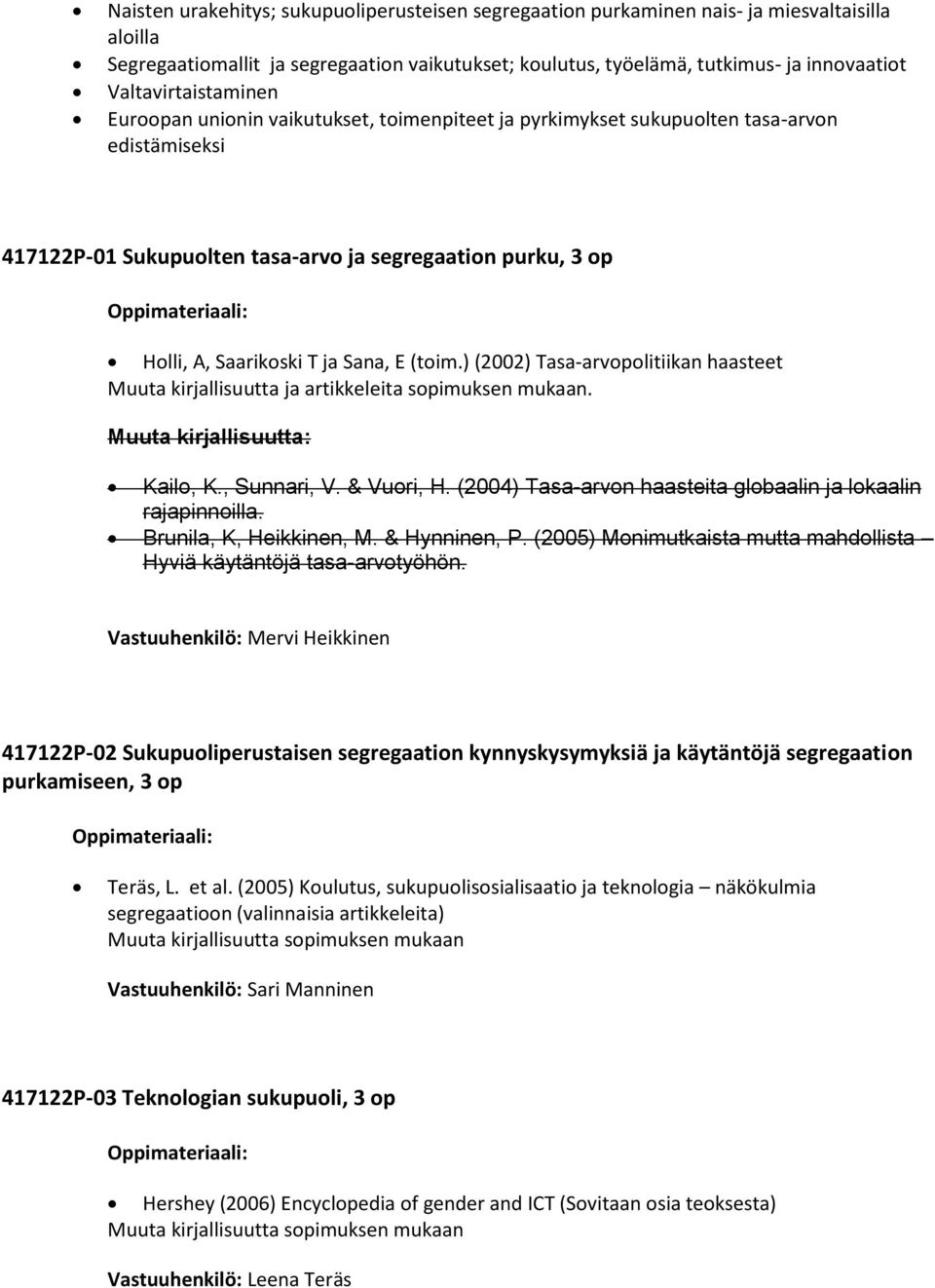 ja Sana, E (toim.) (2002) Tasa-arvopolitiikan haasteet Muuta kirjallisuutta ja artikkeleita sopimuksen mukaan. Muuta kirjallisuutta: Kailo, K., Sunnari, V. & Vuori, H.