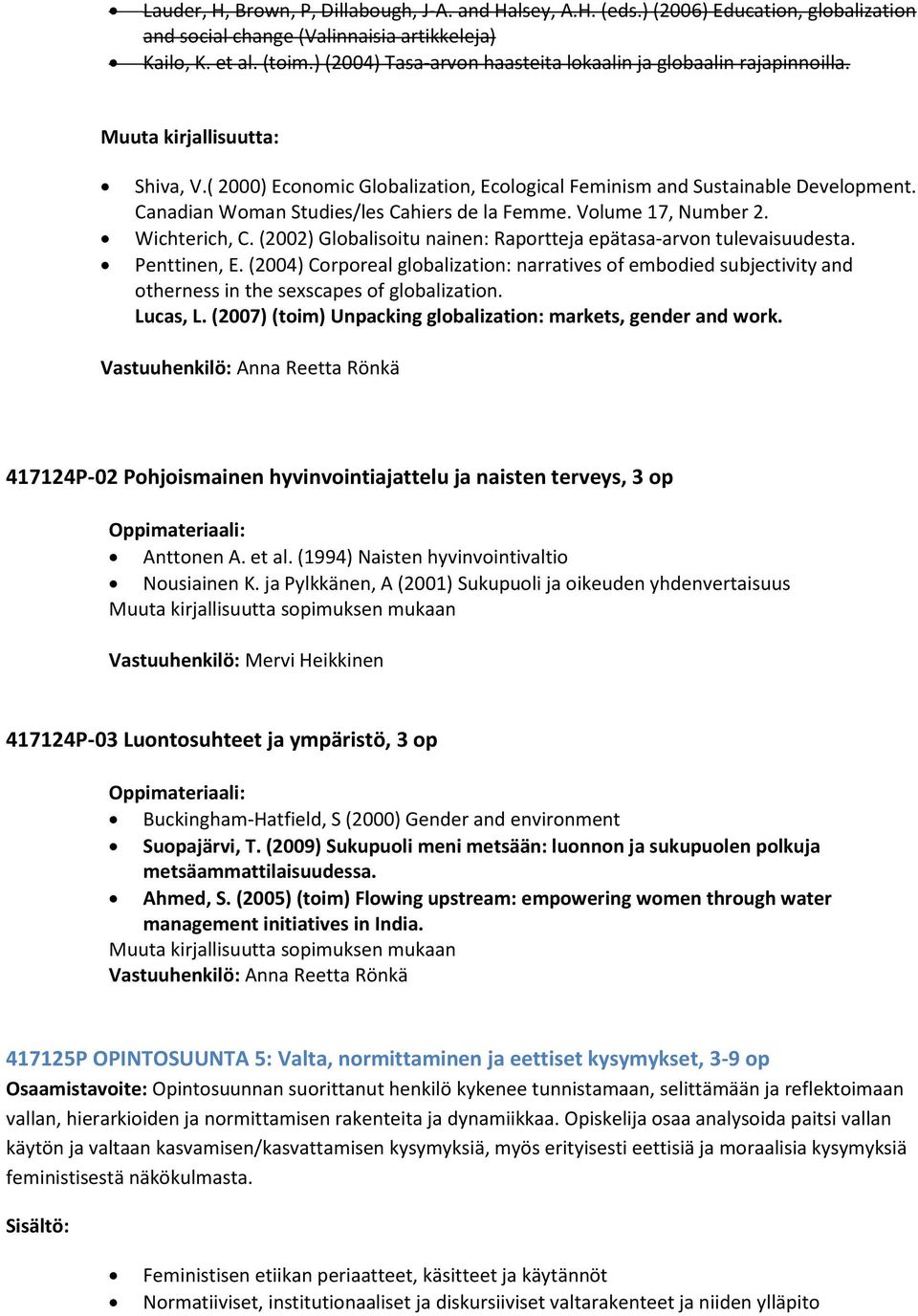 Canadian Woman Studies/les Cahiers de la Femme. Volume 17, Number 2. Wichterich, C. (2002) Globalisoitu nainen: Raportteja epätasa-arvon tulevaisuudesta. Penttinen, E.