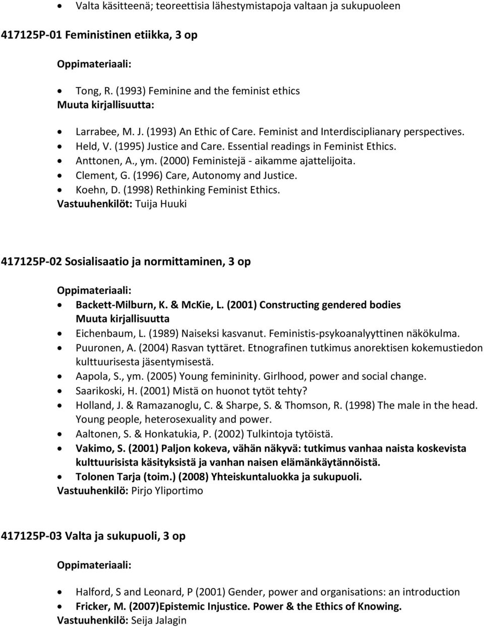 (2000) Feministejä - aikamme ajattelijoita. Clement, G. (1996) Care, Autonomy and Justice. Koehn, D. (1998) Rethinking Feminist Ethics.