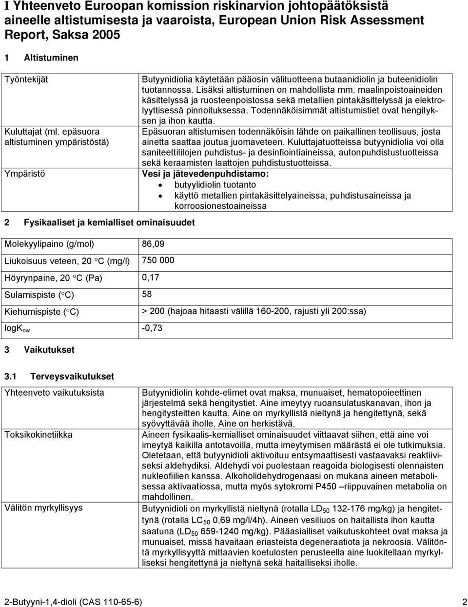 C) 58 Kiehumispiste ( C) logk ow -0,73 3 Vaikutukset Butyynidiolia käytetään pääosin välituotteena butaanidiolin ja buteenidiolin tuotannossa. Lisäksi altistuminen on mahdollista mm.