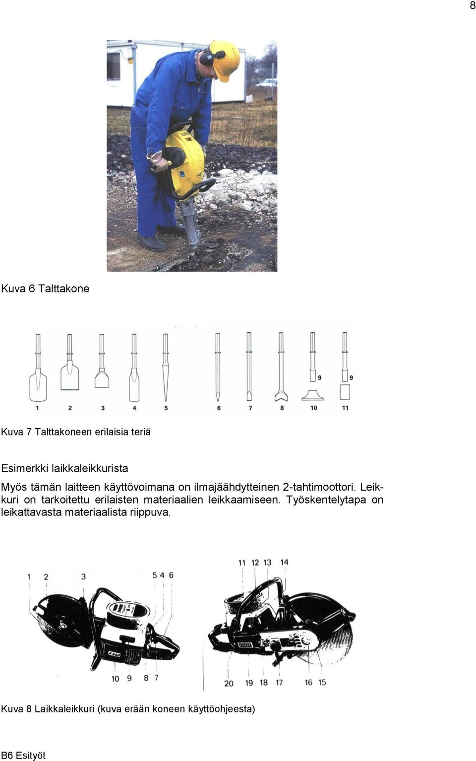 2-tahtimoottori. Leikkuri on tarkoitettu erilaisten materiaalien leikkaamiseen.