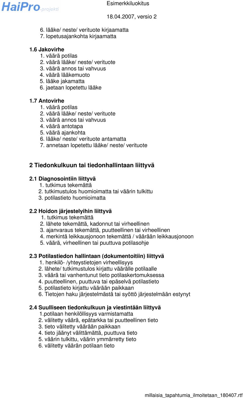 tutkimustulos huomioimatta tai väärin tulkittu 3. potilastieto huomioimatta 2.2 Hoidon järjestelyihin liittyvä 1. tutkimus tekemättä 2. lähete tekemättä, kadonnut tai virheellinen 3.