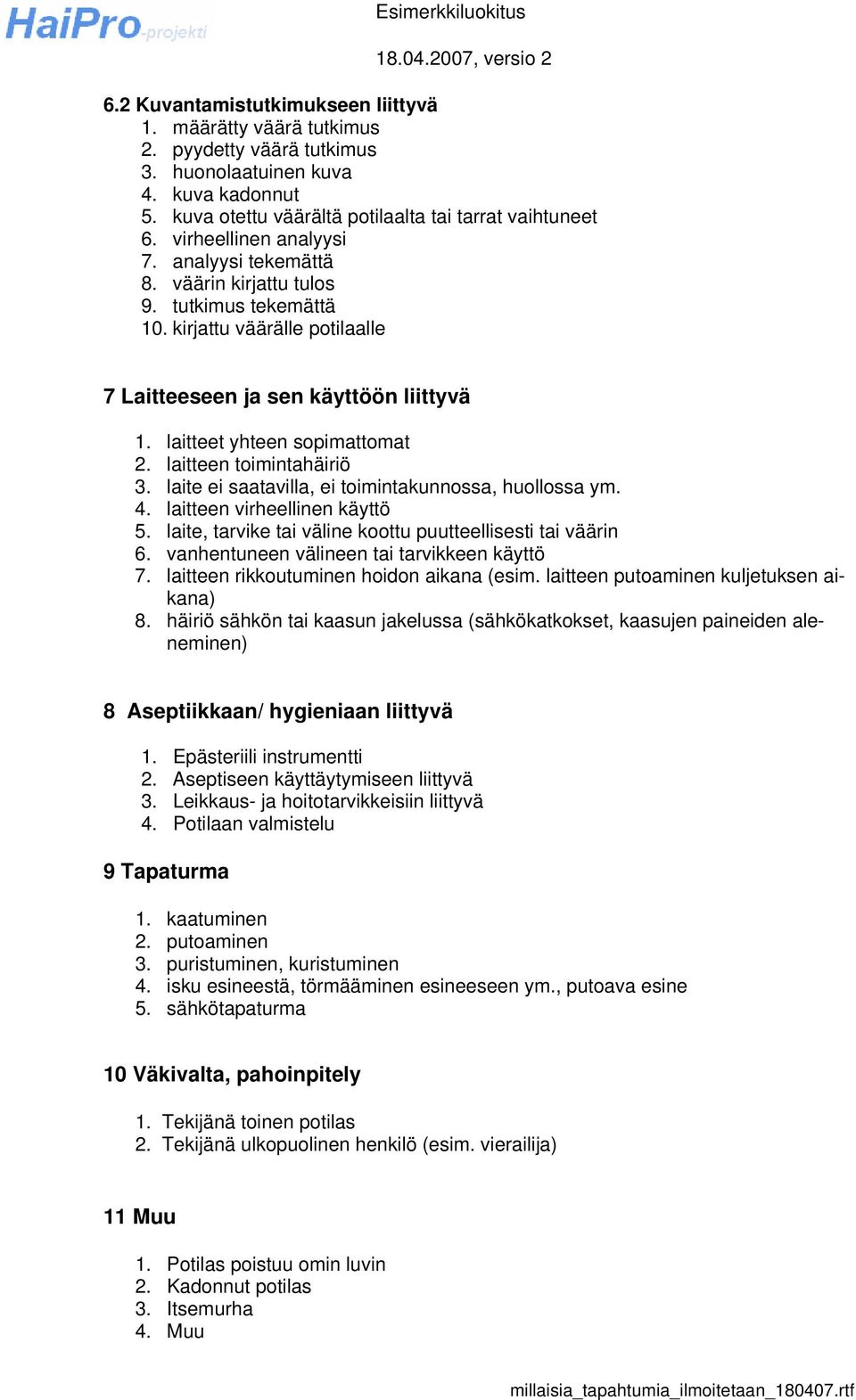 laitteen toimintahäiriö 3. laite ei saatavilla, ei toimintakunnossa, huollossa ym. 4. laitteen virheellinen käyttö 5. laite, tarvike tai väline koottu puutteellisesti tai väärin 6.