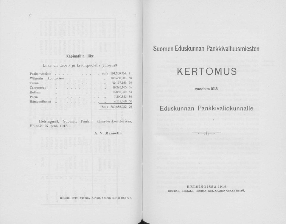 ...... 4,119,059: 36 Smk 850,688,987: 79 Suomen Eduskunnan Pankkivaltuusmiesten KERTOMUS vuodelta 1918 Eduskunnan Pankkivaliokunnalle Helsingissä, Suomen