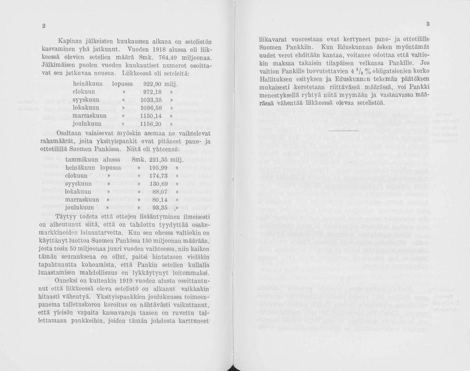 Liikkeessä oli seteleitä: heinäkuun lopussa 922,90 milj elokuun» 972,18» syyskuun» 1033,35» lokakuun» 1096,58» marraskuun» 1150,14» joulukuun» 1156,20» Osaltaan valaisevat myöskin asemaa ne